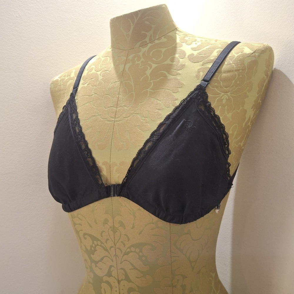 Vintage Christian Dior Bra Black Satin Lace Trim 34 WhimsyGoth Fairycore
